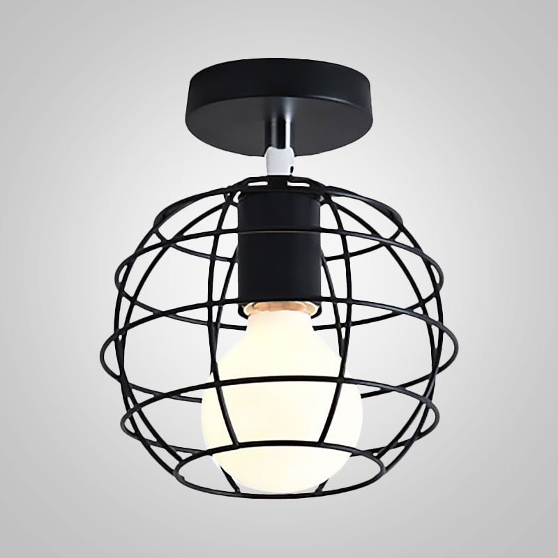 Black Globe/Oval Semi Flush Pendant Light with Cage Shade Industrial Iron 1 Light Corridor Ceiling Lighting Clearhalo 'Ceiling Lights' 'Close To Ceiling Lights' 'Close to ceiling' 'Semi-flushmount' Lighting' 1419350