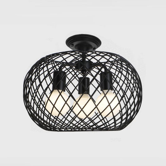 Black Drum Design Semi Flush Light with Wire Frame Vintage Retro Metallic 3 Heads Foyer Semi Flush Mount Light, 16"/16.5" W Clearhalo 'Ceiling Lights' 'Close To Ceiling Lights' 'Close to ceiling' 'Semi-flushmount' Lighting' 1419354