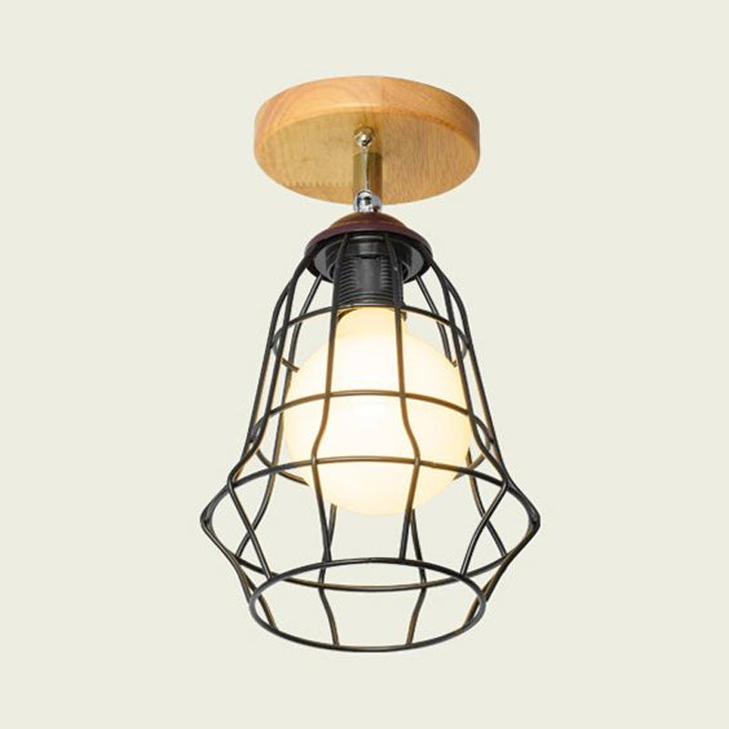 Mini Triangle/Urn Metal Semi Flush Light with Wire Guard Industrial Retro 1 Head Bedroom Ceiling Light Fixture Clearhalo 'Ceiling Lights' 'Close To Ceiling Lights' 'Close to ceiling' 'Semi-flushmount' Lighting' 1419363