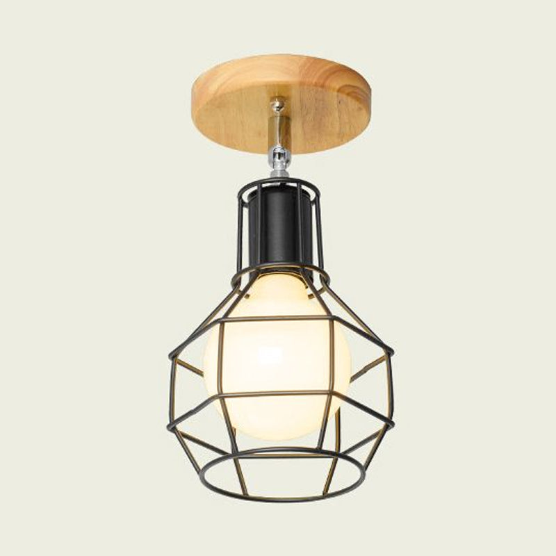 Mini Triangle/Urn Metal Semi Flush Light with Wire Guard Industrial Retro 1 Head Bedroom Ceiling Light Fixture Clearhalo 'Ceiling Lights' 'Close To Ceiling Lights' 'Close to ceiling' 'Semi-flushmount' Lighting' 1419364