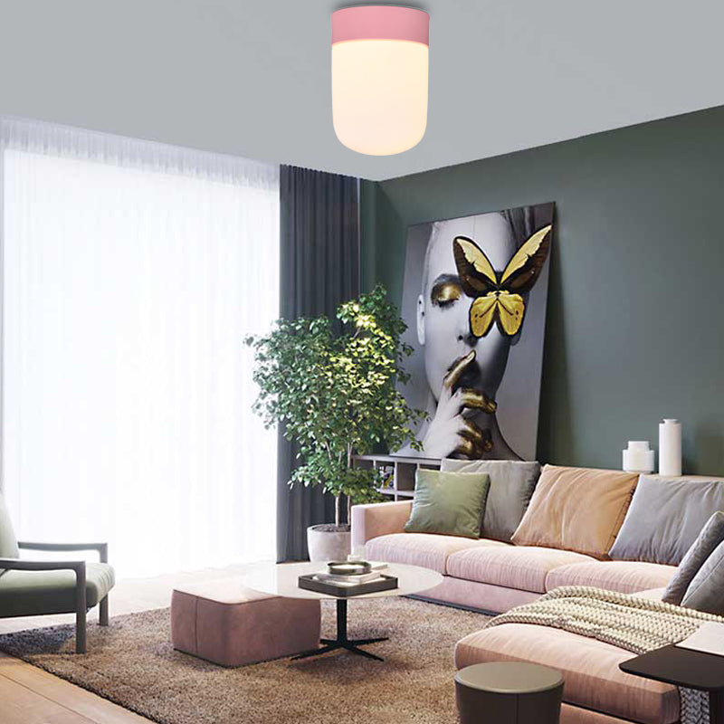 Capsule Corridor Flush Mount Light Modernist Metal and Frosted Glass 1 Light Pink/Gray Ceiling Lighting Pink Clearhalo 'Ceiling Lights' 'Close To Ceiling Lights' 'Close to ceiling' 'Flush mount' Lighting' 141942