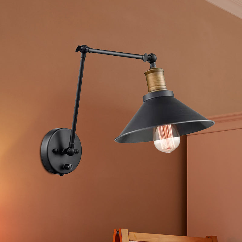 2 Packs Cone Bedroom Wall Mount Light Vintage Metal 1 Bulb Black Wall Lighting with Adjustable Arm Clearhalo 'Cast Iron' 'Glass' 'Industrial' 'Modern wall lights' 'Modern' 'Tiffany' 'Traditional wall lights' 'Wall Lamps & Sconces' 'Wall Lights' Lighting' 1419420