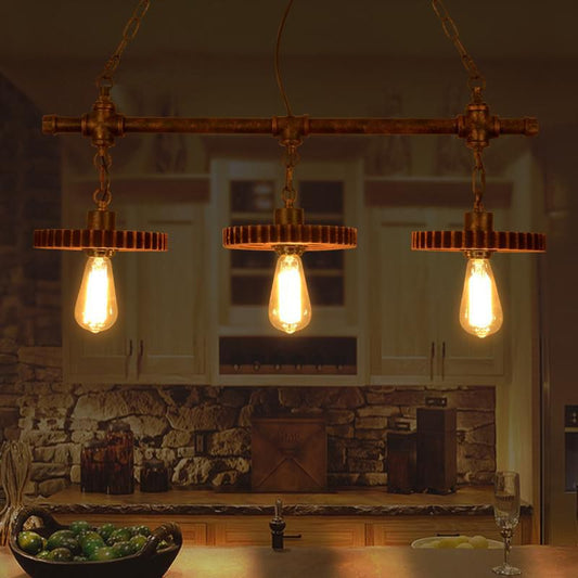 Rust Finish Gear Island Lighting with Open Bulb Industrial Wrought Iron 3 Lights Indoor Pendant Lamp Clearhalo 'Ceiling Lights' 'Island Lights' Lighting' 1419443