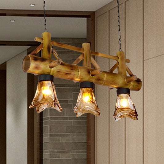 Flared Pendant Light Bamboo Lodge 2 Heads Island Lighting with Amber Glass Shade Clearhalo 'Ceiling Lights' 'Close To Ceiling Lights' 'Glass shade' 'Glass' 'Island Lights' Lighting' 1419444