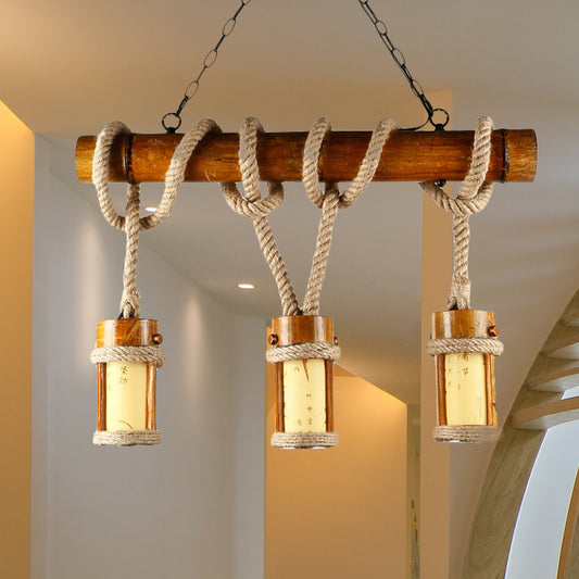 Bamboo Island Light with Hanging Rope Loft Rustic Triple Light Hanging Ceiling Lamp Clearhalo 'Ceiling Lights' 'Island Lights' Lighting' 1419449