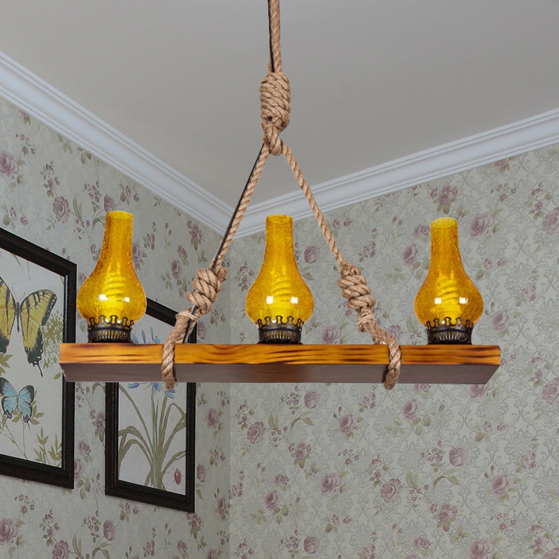 Wooden Linear Island Light Rustic Loft 3 Lights Living Room Pendant Lamp with Yellow Cracked Glass Shade and Rope Cord Clearhalo 'Ceiling Lights' 'Close To Ceiling Lights' 'Glass shade' 'Glass' 'Island Lights' Lighting' 1419450