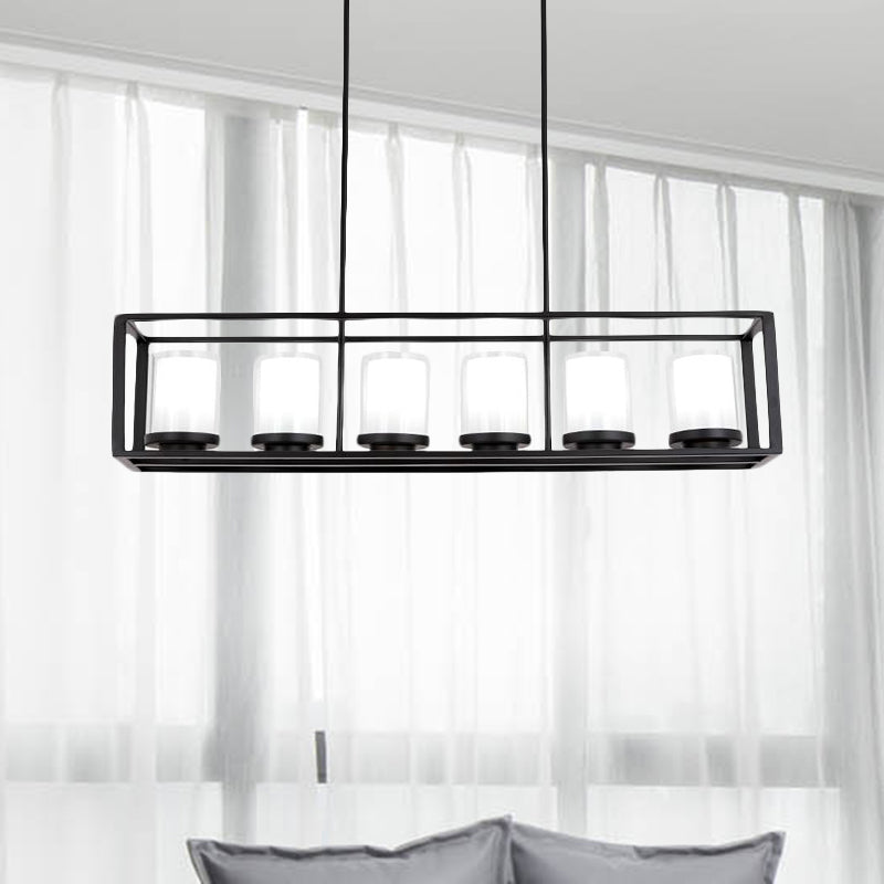 3/5/6 Lights Island Pendant Loft Rectangle White Glass Hanging Lamp in Black for Kitchen Clearhalo 'Ceiling Lights' 'Island Lights' Lighting' 1419463