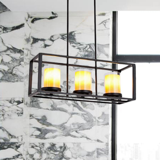 Amber Cylinder Island Light Fixture Industrial Clear Glass and Marble 3/5/6-Bulb Kitchen Hanging Lamp with Rectangle Frame Clearhalo 'Ceiling Lights' 'Glass shade' 'Glass' 'Island Lights' Lighting' 1419466