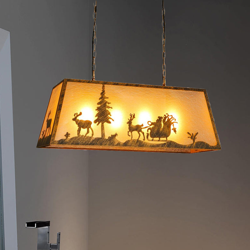 Rustic Style Etched Linear Island Lamp 4 Lights Plastic and Metal Hanging Ceiling Light with Pattern in Beige Clearhalo 'Ceiling Lights' 'Island Lights' Lighting' 1419501