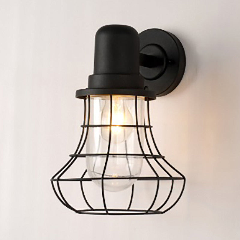 1 Light Wire Frame Wall Lamp Industrial Black Metal Sconce Light with Inner Clear Glass Shade for Porch Clearhalo 'Art deco wall lights' 'Cast Iron' 'Glass' 'Industrial wall lights' 'Industrial' 'Middle century wall lights' 'Modern' 'Rustic wall lights' 'Tiffany' 'Traditional wall lights' 'Wall Lamps & Sconces' 'Wall Lights' Lighting' 1419506