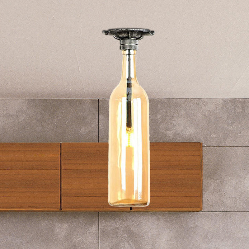 1 Light Semi Flush Lighting Rustic Stylish Bottle Glass Shade Ceiling Light Fixture in Brown/Blue for Corridor Clearhalo 'Ceiling Lights' 'Close To Ceiling Lights' 'Close to ceiling' 'Glass shade' 'Glass' 'Semi-flushmount' Lighting' 1419511