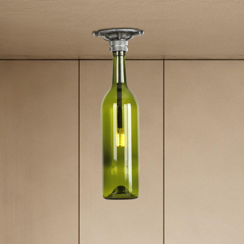 1 Light Semi Flush Lighting Rustic Stylish Bottle Glass Shade Ceiling Light Fixture in Brown/Blue for Corridor Clearhalo 'Ceiling Lights' 'Close To Ceiling Lights' 'Close to ceiling' 'Glass shade' 'Glass' 'Semi-flushmount' Lighting' 1419513