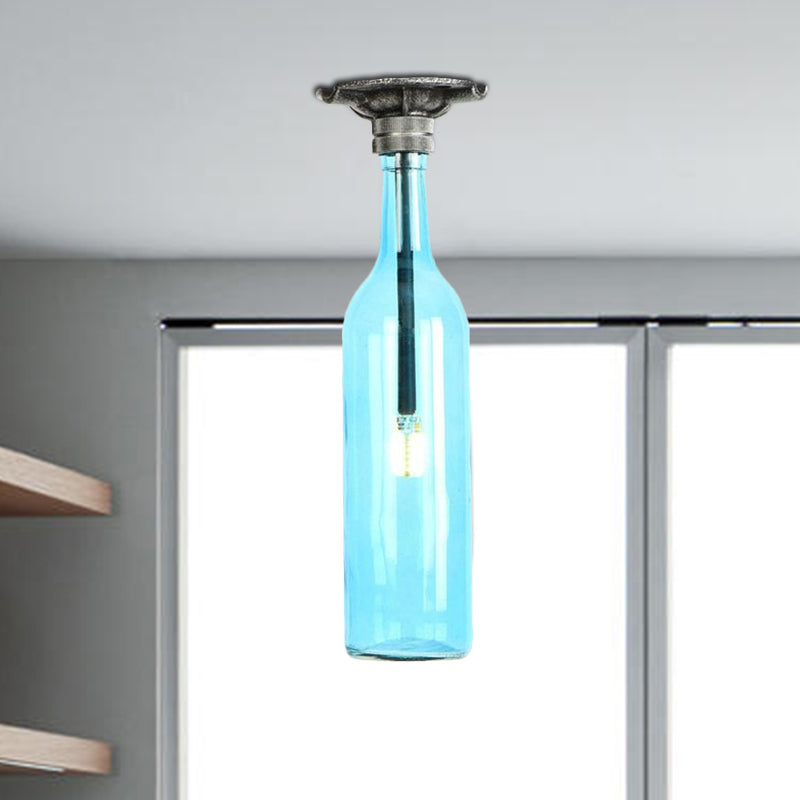 1 Light Semi Flush Lighting Rustic Stylish Bottle Glass Shade Ceiling Light Fixture in Brown/Blue for Corridor Clearhalo 'Ceiling Lights' 'Close To Ceiling Lights' 'Close to ceiling' 'Glass shade' 'Glass' 'Semi-flushmount' Lighting' 1419515