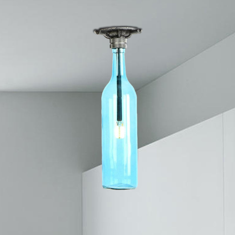 1 Light Semi Flush Lighting Rustic Stylish Bottle Glass Shade Ceiling Light Fixture in Brown/Blue for Corridor Clearhalo 'Ceiling Lights' 'Close To Ceiling Lights' 'Close to ceiling' 'Glass shade' 'Glass' 'Semi-flushmount' Lighting' 1419516