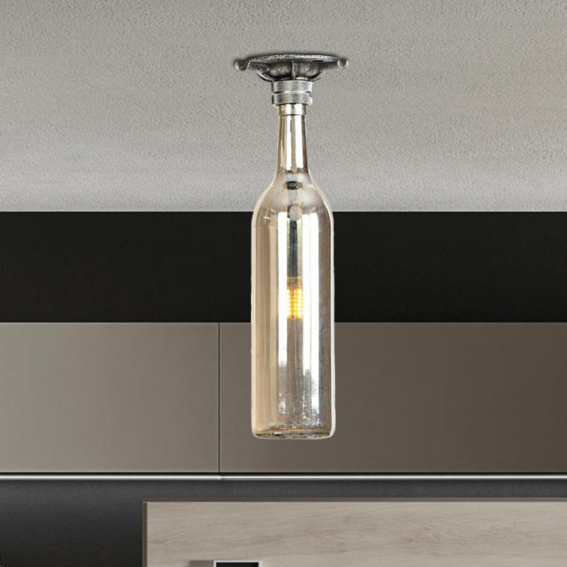 1 Light Semi Flush Lighting Rustic Stylish Bottle Glass Shade Ceiling Light Fixture in Brown/Blue for Corridor Clearhalo 'Ceiling Lights' 'Close To Ceiling Lights' 'Close to ceiling' 'Glass shade' 'Glass' 'Semi-flushmount' Lighting' 1419517