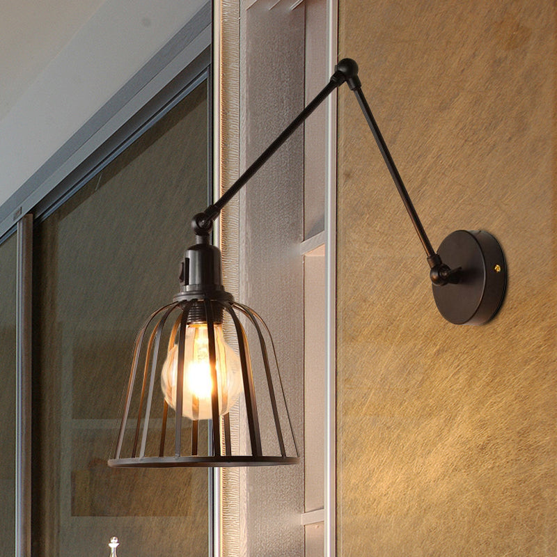 Swing Arm Metallic Wall Mount Light with Wire Cage Industrial 1 Light Bedroom Wall Lamp in Black Clearhalo 'Art deco wall lights' 'Cast Iron' 'Glass' 'Industrial wall lights' 'Industrial' 'Middle century wall lights' 'Modern' 'Rustic wall lights' 'Tiffany' 'Traditional wall lights' 'Wall Lamps & Sconces' 'Wall Lights' Lighting' 1419519