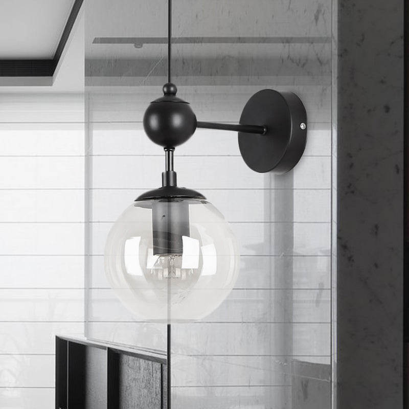 Globe Shade Living Room Wall Light Fixture Industrial Clear/Grey/Amber Glass 1 Light Black Sconce Lamp Clearhalo 'Cast Iron' 'Glass' 'Industrial' 'Modern wall lights' 'Modern' 'Tiffany' 'Traditional wall lights' 'Wall Lamps & Sconces' 'Wall Lights' Lighting' 1419543