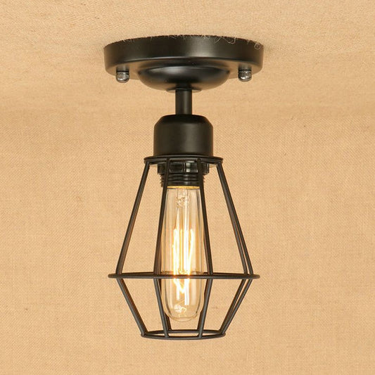 Black Open Caged Semi Flush Light Industrial Style Iron 1 Light Living Room Ceiling Mounted Light Clearhalo 'Ceiling Lights' 'Close To Ceiling Lights' 'Close to ceiling' 'Semi-flushmount' Lighting' 1419558