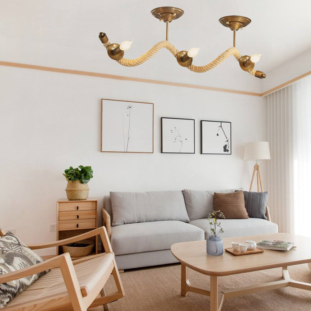 3 Heads Wavy Rope Semi Mount Lighting Vintage Brass Finish Metallic Ceiling Light Fixture with Bare Bulb Brass Clearhalo 'Ceiling Lights' 'Close To Ceiling Lights' 'Close to ceiling' 'Semi-flushmount' Lighting' 141956