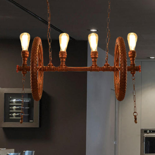 4 Bulbs Island Lighting Vintage Style Wheel Shaped Metal Pendant Light with Bare Bulb in Rust Finish Clearhalo 'Ceiling Lights' 'Island Lights' Lighting' 1419572