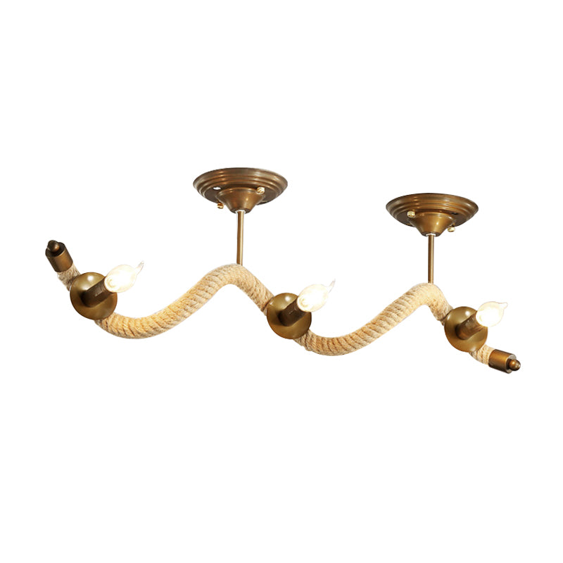 3 Heads Wavy Rope Semi Mount Lighting Vintage Brass Finish Metallic Ceiling Light Fixture with Bare Bulb Clearhalo 'Ceiling Lights' 'Close To Ceiling Lights' 'Close to ceiling' 'Semi-flushmount' Lighting' 141958