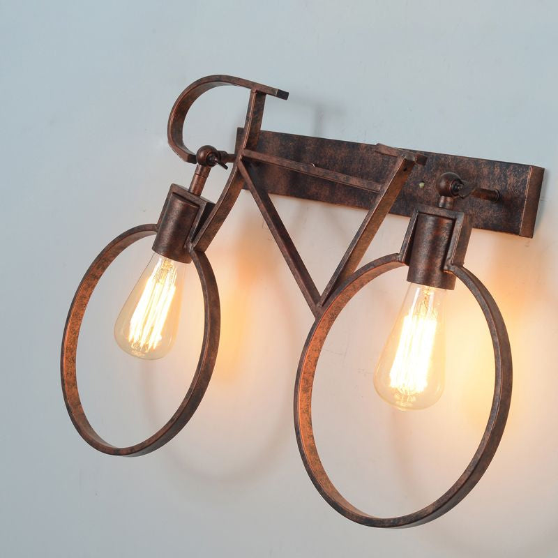 2 Lights Bicycle Wall Lighting Industrial Vintage Dark Rust Wrought Iron Sconce Lamp for Restaurant Clearhalo 'Art deco wall lights' 'Cast Iron' 'Glass' 'Industrial wall lights' 'Industrial' 'Middle century wall lights' 'Modern' 'Rustic wall lights' 'Tiffany' 'Traditional wall lights' 'Wall Lamps & Sconces' 'Wall Lights' Lighting' 1419590