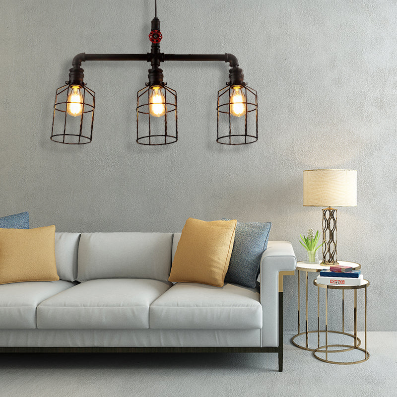 2/3 Lights Hanging Lighting Rustic Style Wire Guard Wrought Iron Island Pendant Light with Pipe in Aged Silver/Black 3 Black Clearhalo 'Ceiling Lights' 'Island Lights' Lighting' 141960