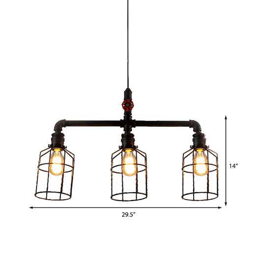 2/3 Lights Hanging Lighting Rustic Style Wire Guard Wrought Iron Island Pendant Light with Pipe in Aged Silver/Black Clearhalo 'Ceiling Lights' 'Island Lights' Lighting' 141963