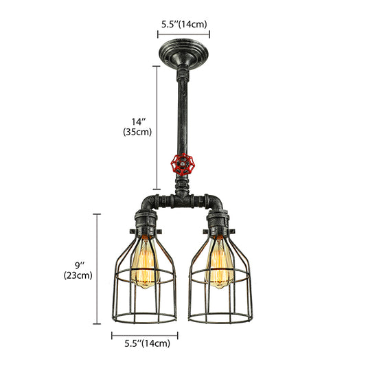 2/3 Lights Hanging Lighting Rustic Style Wire Guard Wrought Iron Island Pendant Light with Pipe in Aged Silver/Black Clearhalo 'Ceiling Lights' 'Island Lights' Lighting' 141966