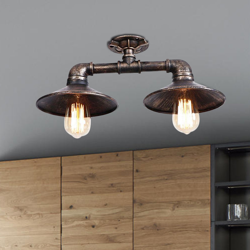 Saucer Wrought Iron Semi Flush Light Industrial Stylish 2 Lights Living Room Ceiling Mount Light in Bronze/Aged Silver Clearhalo 'Ceiling Lights' 'Close To Ceiling Lights' 'Close to ceiling' 'Semi-flushmount' Lighting' 1419702