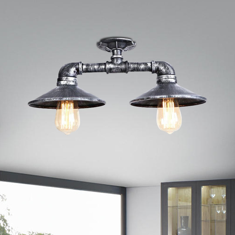 Saucer Wrought Iron Semi Flush Light Industrial Stylish 2 Lights Living Room Ceiling Mount Light in Bronze/Aged Silver Clearhalo 'Ceiling Lights' 'Close To Ceiling Lights' 'Close to ceiling' 'Semi-flushmount' Lighting' 1419703