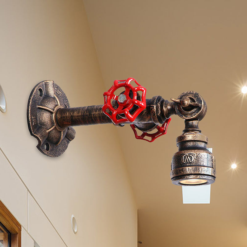 1 Bulb Wall Lamp Industrial Water Pipe Wrought Iron Wall Mounted Light with Valve Design in Bronze Finish Clearhalo 'Art deco wall lights' 'Cast Iron' 'Glass' 'Industrial wall lights' 'Industrial' 'Middle century wall lights' 'Modern' 'Rustic wall lights' 'Tiffany' 'Traditional wall lights' 'Wall Lamps & Sconces' 'Wall Lights' Lighting' 1419711