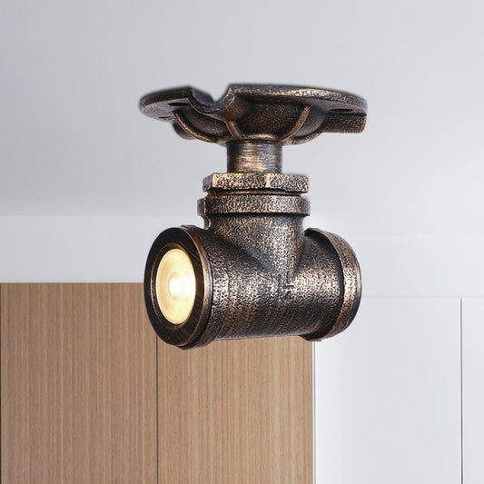 1 Light Metal Semi Flush Light Rustic Industrial Antique Brass Water Pipe Hallway Ceiling Mounted Light Clearhalo 'Ceiling Lights' 'Close To Ceiling Lights' 'Close to ceiling' 'Semi-flushmount' Lighting' 1419743