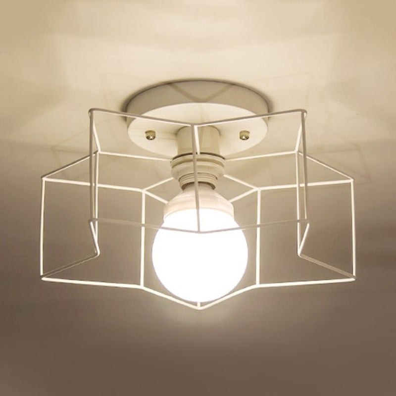 1 Bulb Star Ceiling Mounted Light with Cage Shade Industrial Black/White Metal Semi-Flush Mount Light for Bedroom Clearhalo 'Ceiling Lights' 'Close To Ceiling Lights' 'Close to ceiling' 'Semi-flushmount' Lighting' 1419745