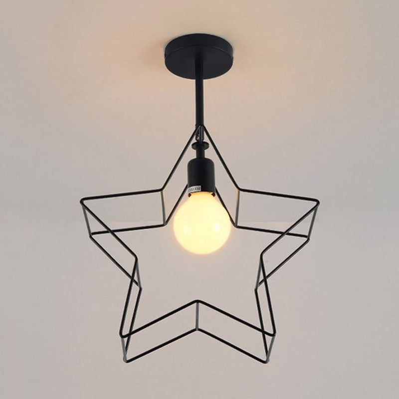 Black 1 Bulb Semi Flush Mount Lighting Loft Stylish Metal Wire Frame Ceiling Lamp with Star Shade for Bedroom Clearhalo 'Ceiling Lights' 'Close To Ceiling Lights' 'Close to ceiling' 'Semi-flushmount' Lighting' 1419756