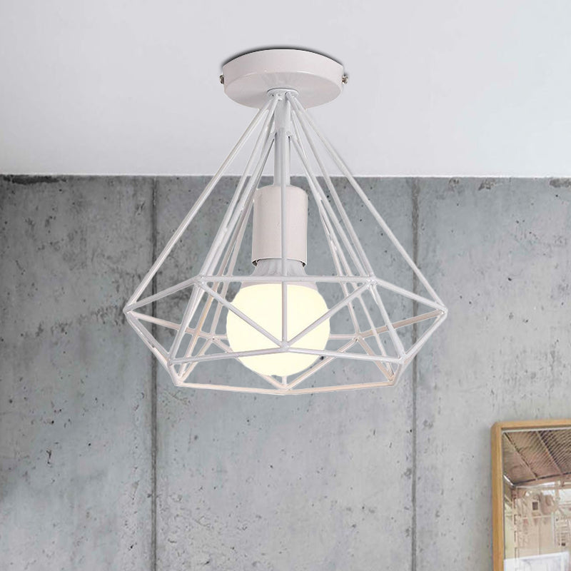 1 Head Semi Flush Light Industrial Stylish Cage Diamond Metallic Ceiling Light Fixture in Black/White for Bedroom Clearhalo 'Ceiling Lights' 'Close To Ceiling Lights' 'Close to ceiling' 'Semi-flushmount' Lighting' 1419757