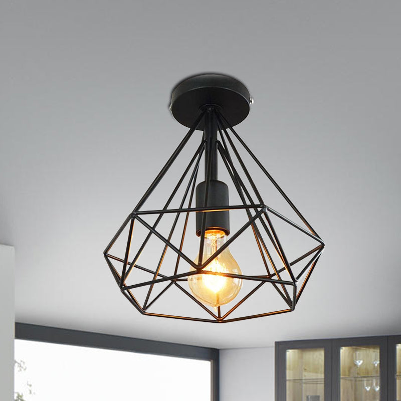 1 Head Semi Flush Light Industrial Stylish Cage Diamond Metallic Ceiling Light Fixture in Black/White for Bedroom Clearhalo 'Ceiling Lights' 'Close To Ceiling Lights' 'Close to ceiling' 'Semi-flushmount' Lighting' 1419758
