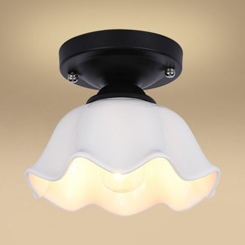 Scalloped Living Room Semi Flush Industrial Milky Glass One Light Black Lighting Fixture Clearhalo 'Ceiling Lights' 'Chandeliers' 'Close To Ceiling Lights' 'Close to ceiling' 'Glass shade' 'Glass' 'Semi-flushmount' Lighting' 1419779