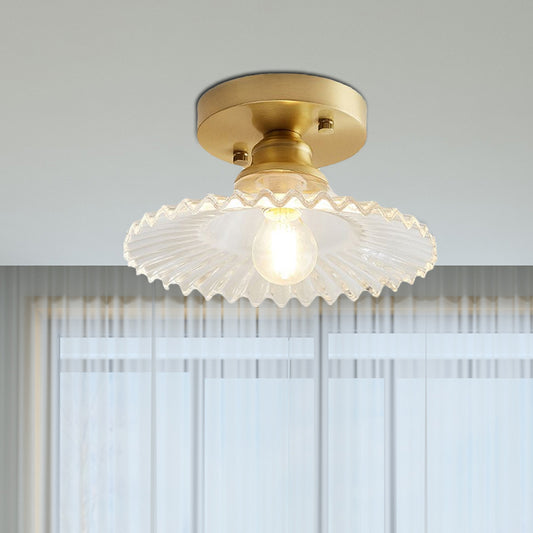 1 Light Flared Semi Flush Light Industrial Clear/Green Ribbed Glass Ceiling Mount for Living Room Clearhalo 'Ceiling Lights' 'Close To Ceiling Lights' 'Close to ceiling' 'Flush mount' Lighting' 1419789