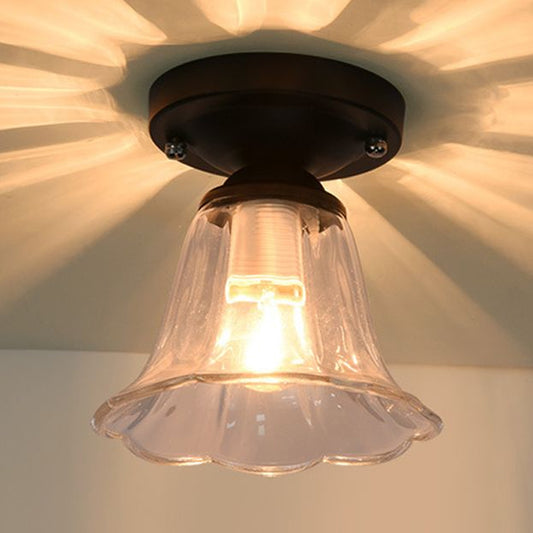 Flared Shade Clear Glass Semi Flush Industrial 1 Bulb Corridor Light Fixture in Black Clearhalo 'Ceiling Lights' 'Close To Ceiling Lights' 'Close to ceiling' 'Glass shade' 'Glass' 'Pendant Lights' 'Semi-flushmount' Lighting' 1419792