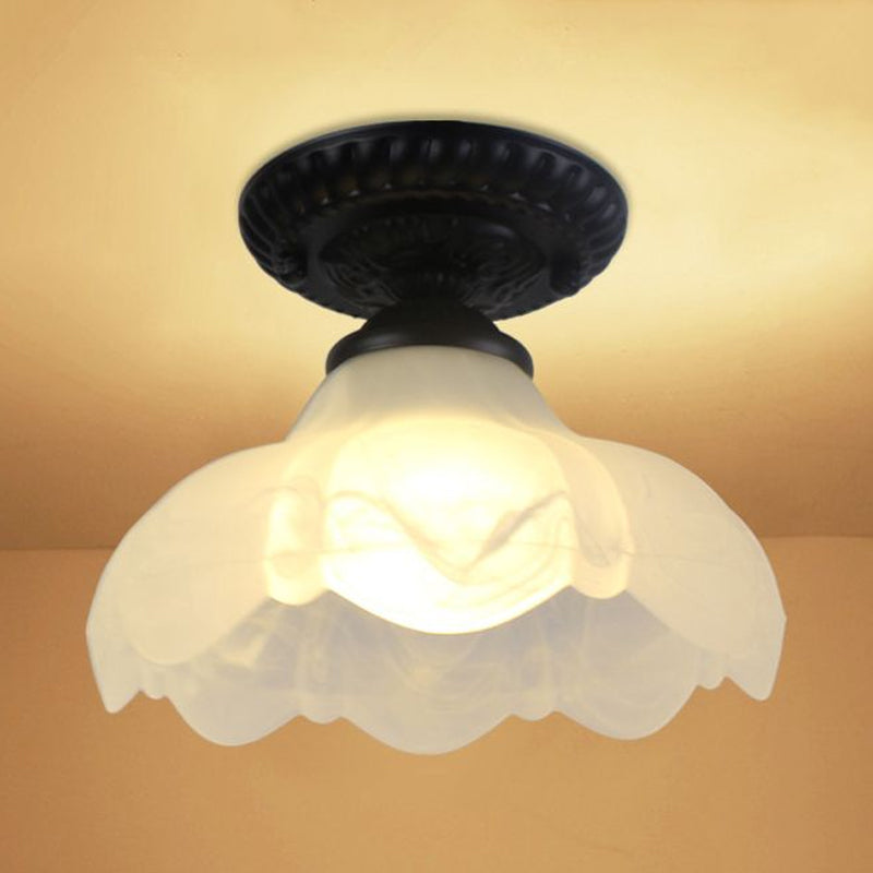 Scalloped Milky Glass Semi Flush Industrial 1 Bulb Living Room Light Fixture for Corridor Clearhalo 'Ceiling Lights' 'Close To Ceiling Lights' 'Close to ceiling' 'Glass shade' 'Glass' 'Pendant Lights' 'Semi-flushmount' Lighting' 1419795