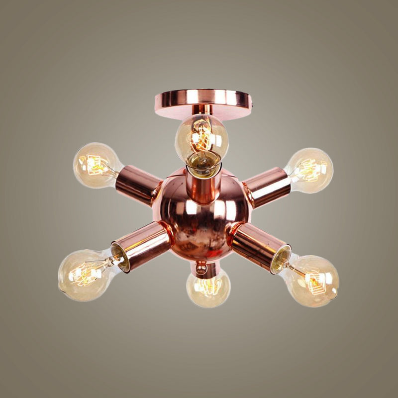 6/9 Heads Starburst Semi Flush Ceiling Light Vintage Copper Metal Semi Flush Light with Bare Bulb for Restaurant Clearhalo 'Ceiling Lights' 'Close To Ceiling Lights' 'Close to ceiling' 'Semi-flushmount' Lighting' 1419798