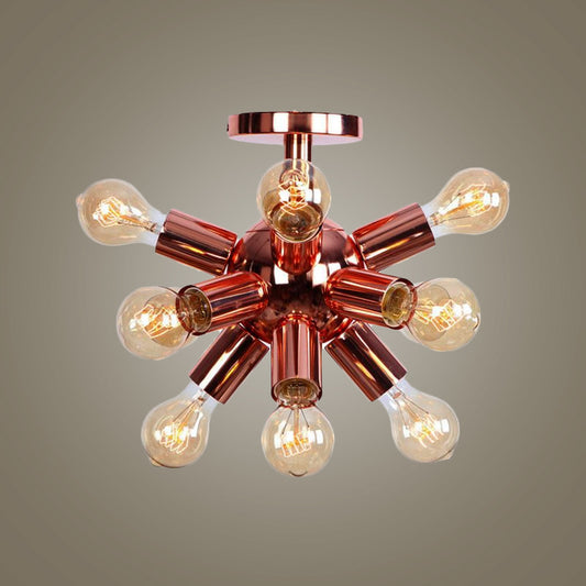 6/9 Heads Starburst Semi Flush Ceiling Light Vintage Copper Metal Semi Flush Light with Bare Bulb for Restaurant Clearhalo 'Ceiling Lights' 'Close To Ceiling Lights' 'Close to ceiling' 'Semi-flushmount' Lighting' 1419799