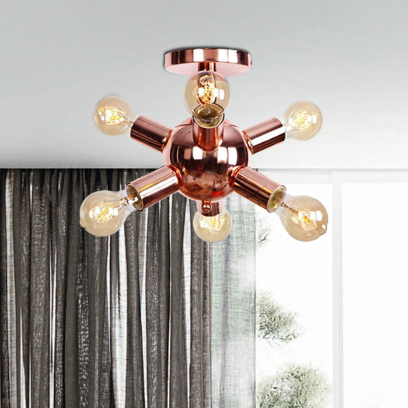 6/9 Heads Starburst Semi Flush Ceiling Light Vintage Copper Metal Semi Flush Light with Bare Bulb for Restaurant Clearhalo 'Ceiling Lights' 'Close To Ceiling Lights' 'Close to ceiling' 'Semi-flushmount' Lighting' 1419802