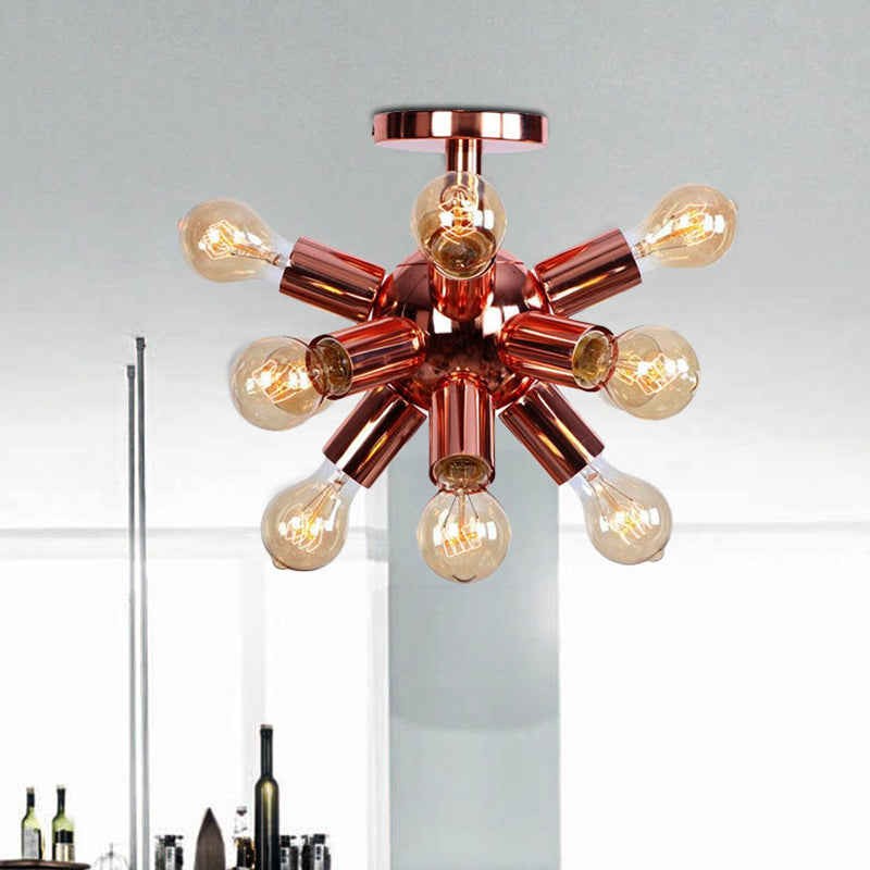 6/9 Heads Starburst Semi Flush Ceiling Light Vintage Copper Metal Semi Flush Light with Bare Bulb for Restaurant Clearhalo 'Ceiling Lights' 'Close To Ceiling Lights' 'Close to ceiling' 'Semi-flushmount' Lighting' 1419803