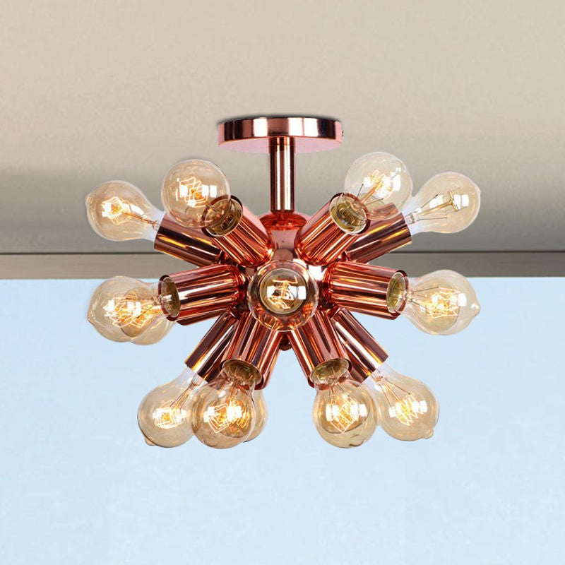 6/9 Heads Starburst Semi Flush Ceiling Light Vintage Copper Metal Semi Flush Light with Bare Bulb for Restaurant Clearhalo 'Ceiling Lights' 'Close To Ceiling Lights' 'Close to ceiling' 'Semi-flushmount' Lighting' 1419805