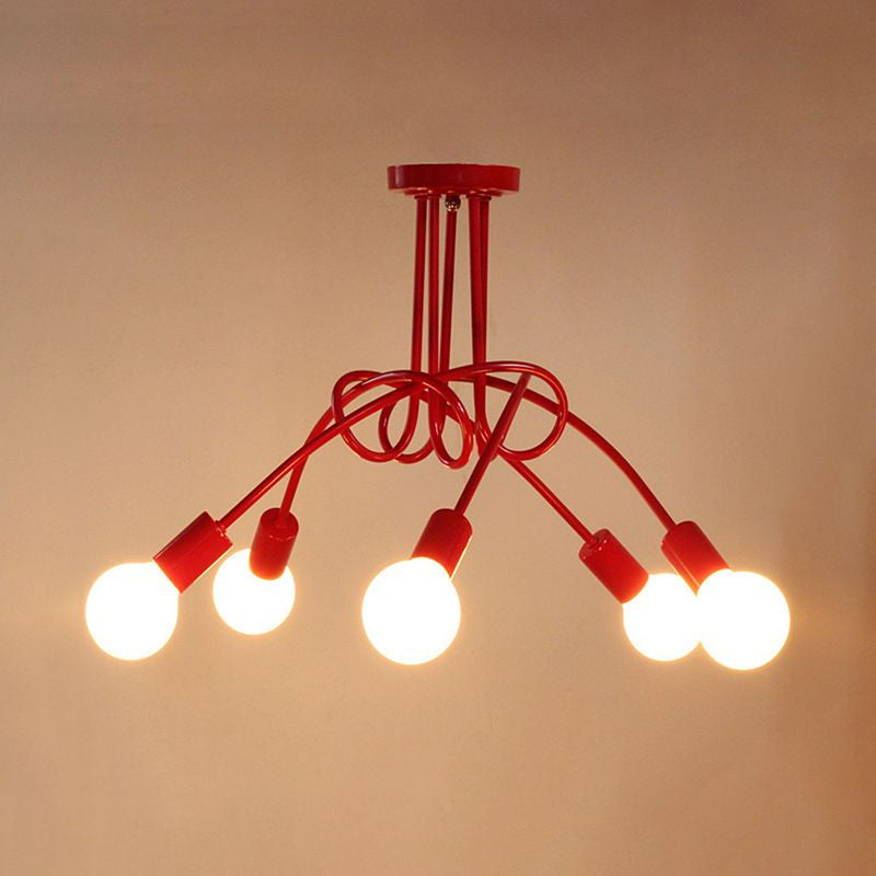 Red Twisted Semi Flush Light Industrial Loft Metal 5 Light Bedroom Semi Flush Mount Light Clearhalo 'Ceiling Lights' 'Close To Ceiling Lights' 'Close to ceiling' 'Semi-flushmount' Lighting' 1419833