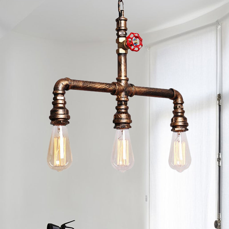 Industrial Tubing Island Chandelier Light with Valve Wheel 3 Bulbs Metal Island Pendant Light in Antique Brass Clearhalo 'Ceiling Lights' 'Island Lights' Lighting' 1419847