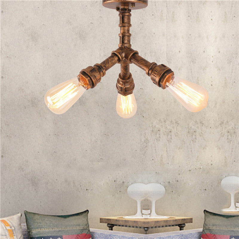 3-Light Ceiling Light with Pipe Metallic Shade Steampunk Living Room Semi Flush Light in Aged Bronze Antique Bronze Clearhalo 'Ceiling Lights' 'Close To Ceiling Lights' 'Close to ceiling' 'Semi-flushmount' Lighting' 141986