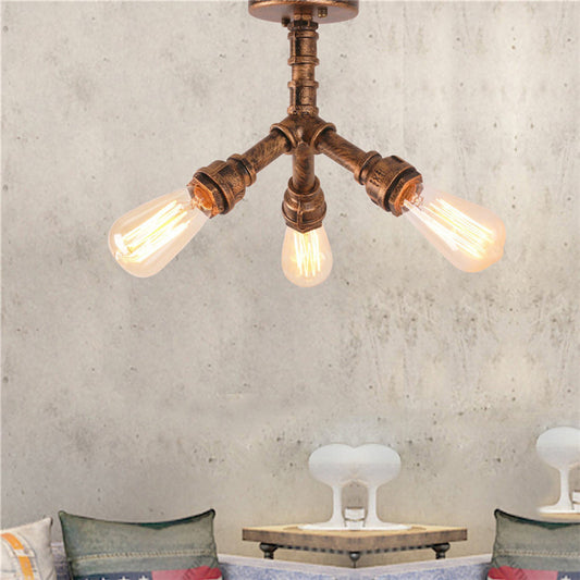 3-Light Ceiling Light with Pipe Metallic Shade Steampunk Living Room Semi Flush Light in Aged Bronze Antique Bronze Clearhalo 'Ceiling Lights' 'Close To Ceiling Lights' 'Close to ceiling' 'Semi-flushmount' Lighting' 141986